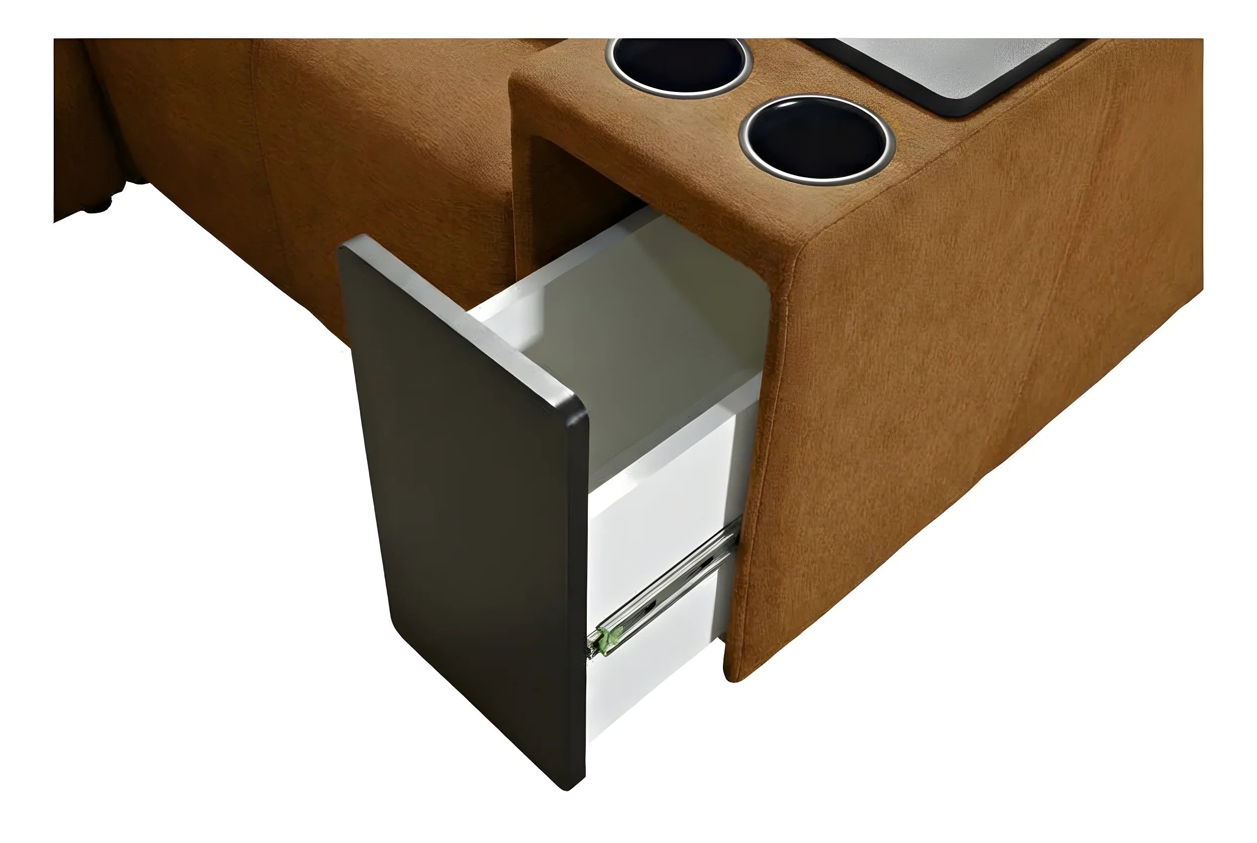 Module de canapé marron en tissu doux avec tiroir intégré, détails design contemporain, idéal salon