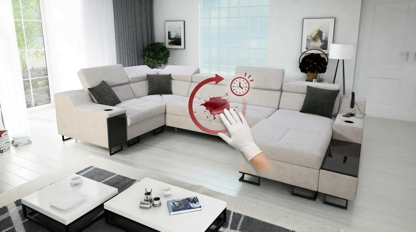 Gros plan sur une tache de vin rouge sur un canapé clair, avec une main prête à intervenir.