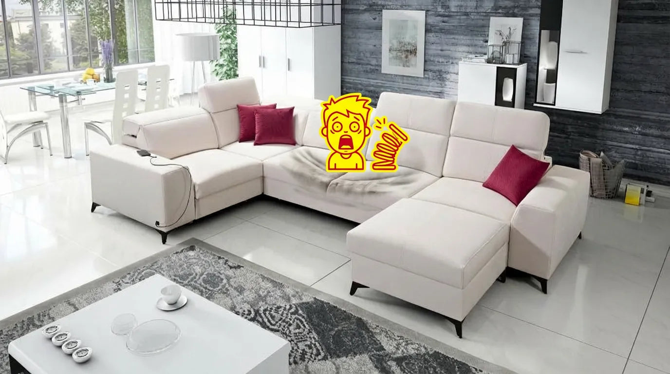 Canapé réaliste avec icône graphique humoristique symbolisant un grincement ou une réparation nécessaire.