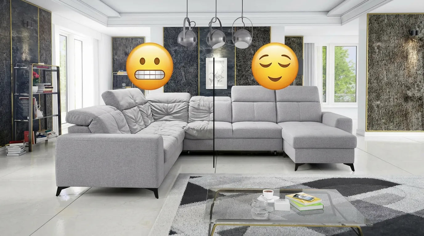 Canapé divisé entre trop mou et trop ferme, illustrant le mal de dos.