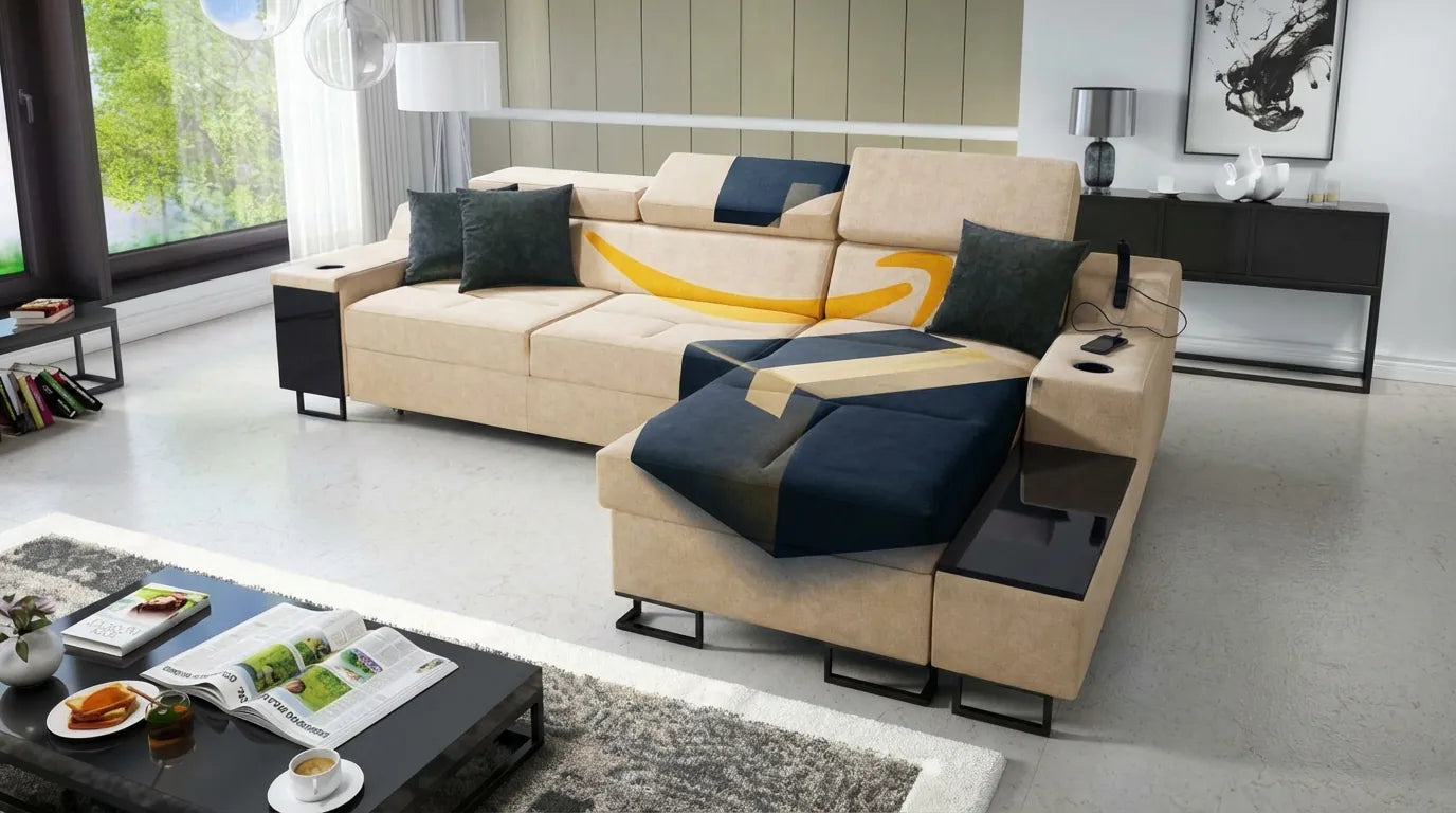 Miniature humoristique : Canapé moderne sur fond de salon avec superposition graphique abstraite rappelant Amazon.