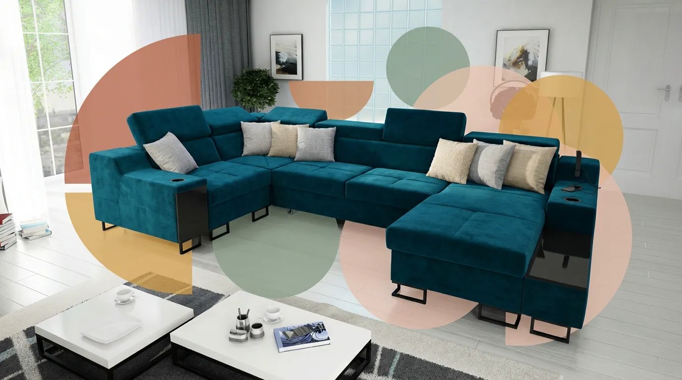 Salon moderne avec un canapé jaune ou bleu canard vif au centre, entouré d'éléments graphiques subtils pour illustrer l'intégration de couleurs vives en décoration intérieure.