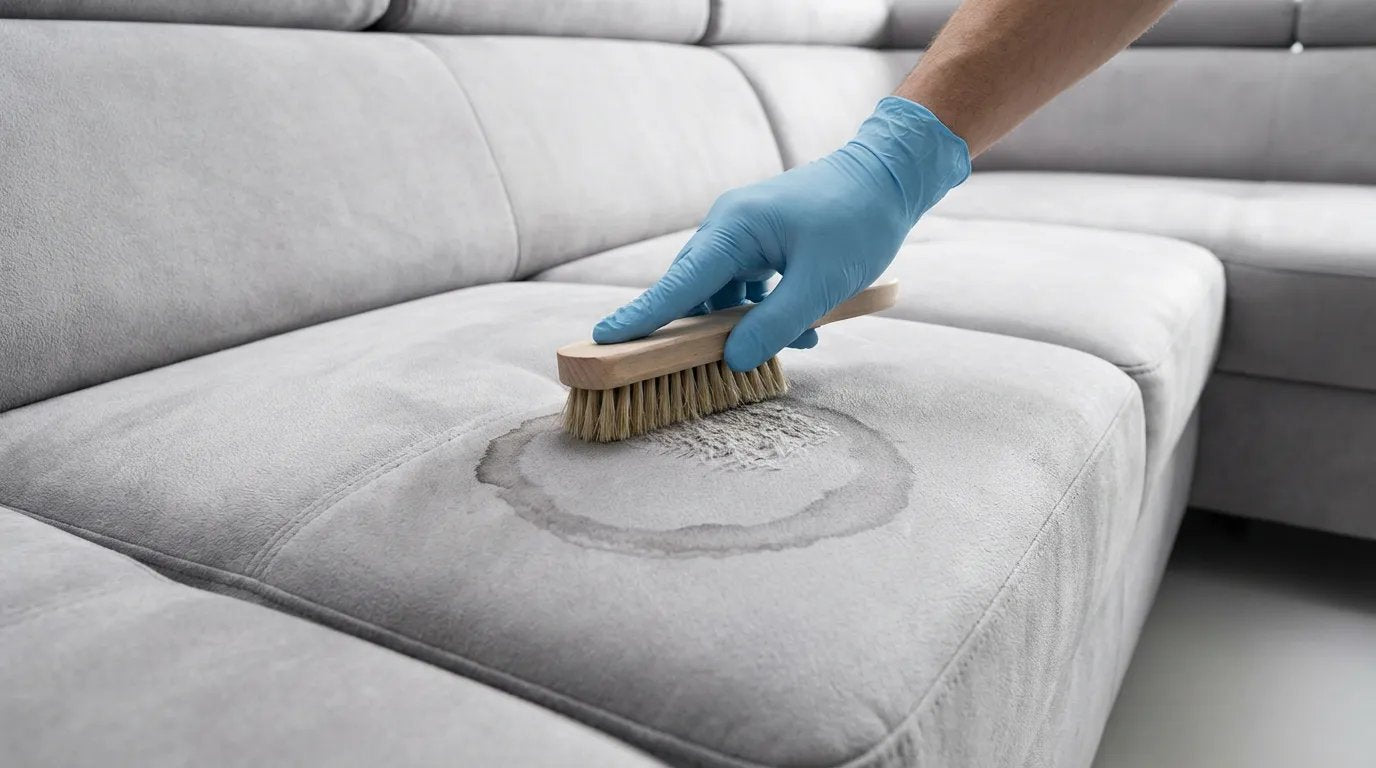 Gros plan sur une main nettoyant une tache sur un canapé en daim gris clair avec une brosse spéciale.