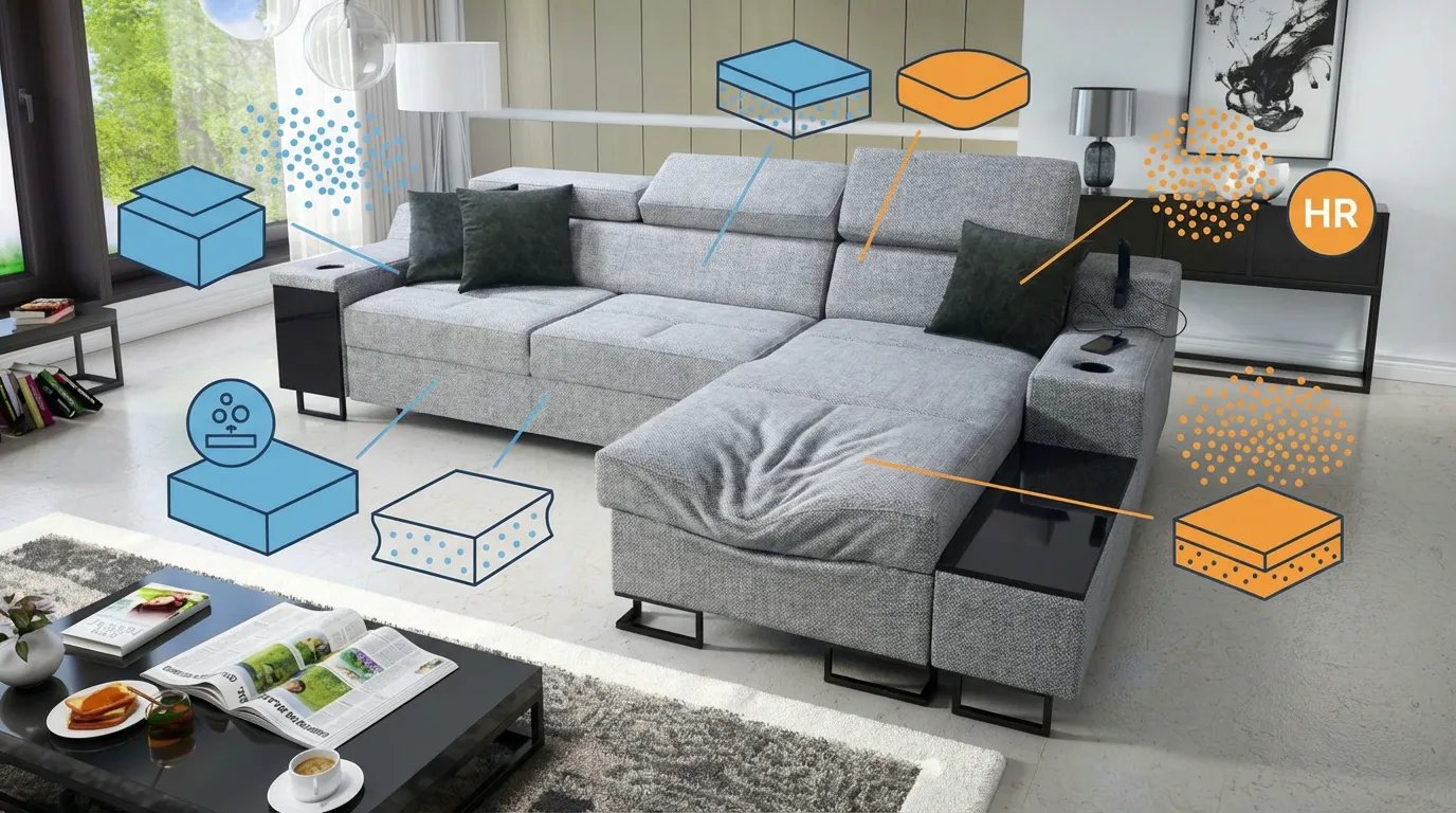 Miniature d'un canapé réaliste avec des superpositions graphiques abstraites symbolisant la densité de mousse (HR et polyéther).