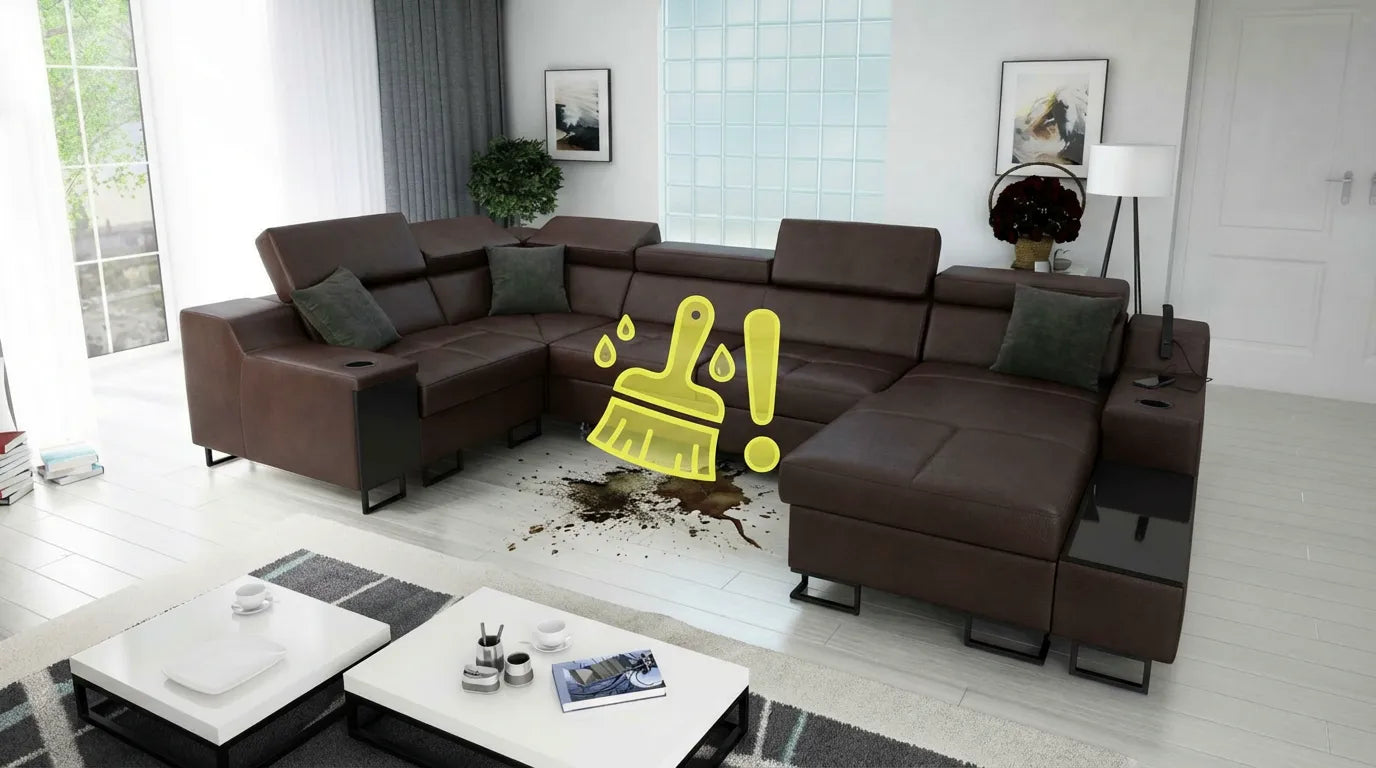 Canapé en cuir avec icône graphique de nettoyage superposée, miniature humoristique et réaliste.
