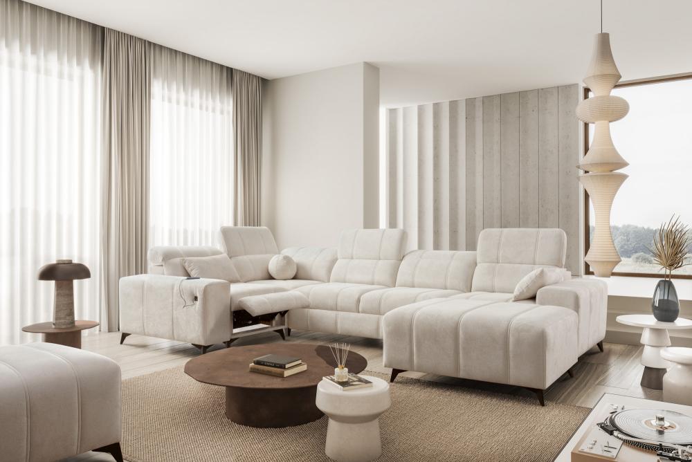 Canapé panoramique relax beige installé dans un grand salon spacieux et lumineux, exemple d'aménagement Kings Canapé