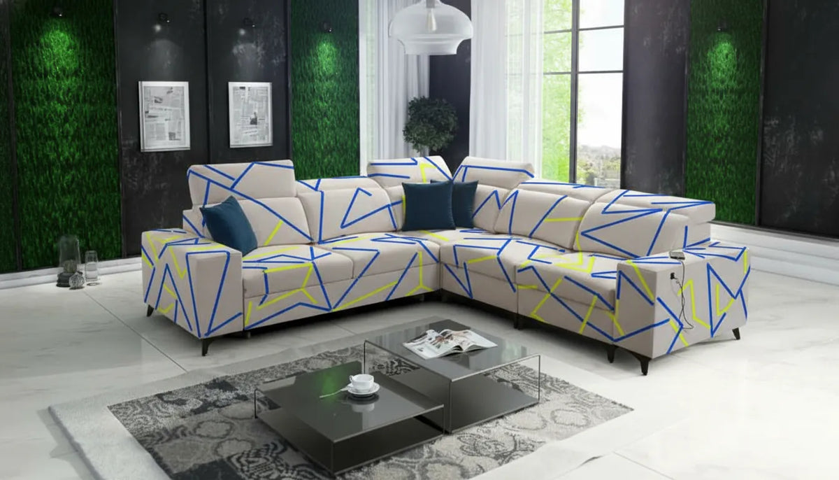 Canapé modulable gris clair avec superposition graphique abstraite et colorée suggérant la modularite et le jeu