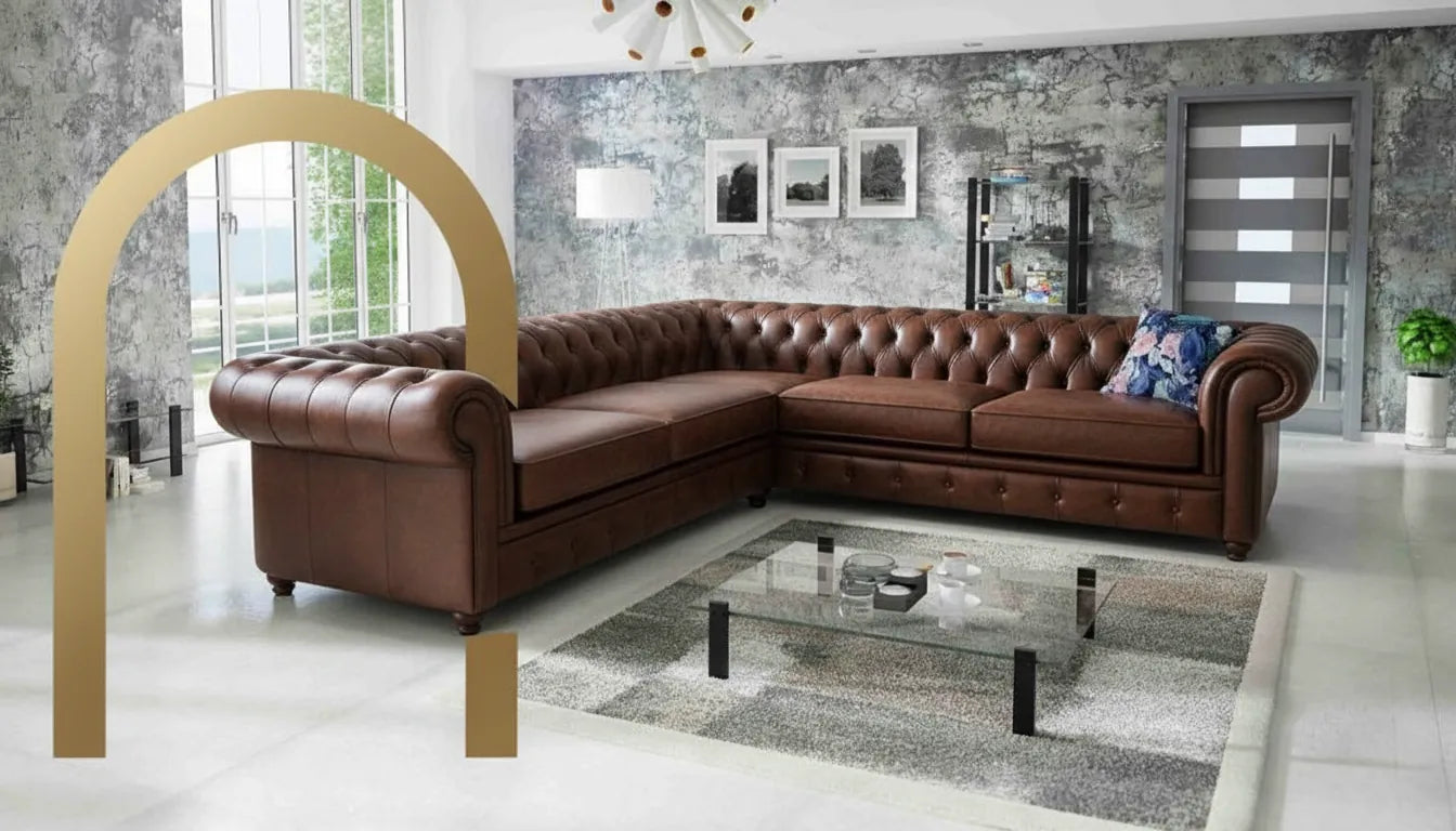 Photo réaliste de canape en cuir marron dans un salon clair avec une superposition graphique minimaliste et sans texte.