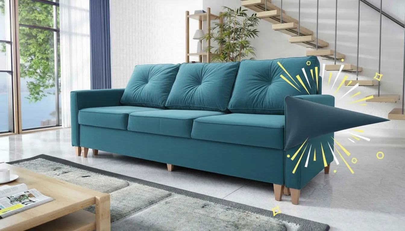 Canapé moderne avec une housse bleue neuve, un coin souleve de facon humoristique et un graphique jauner subtil.