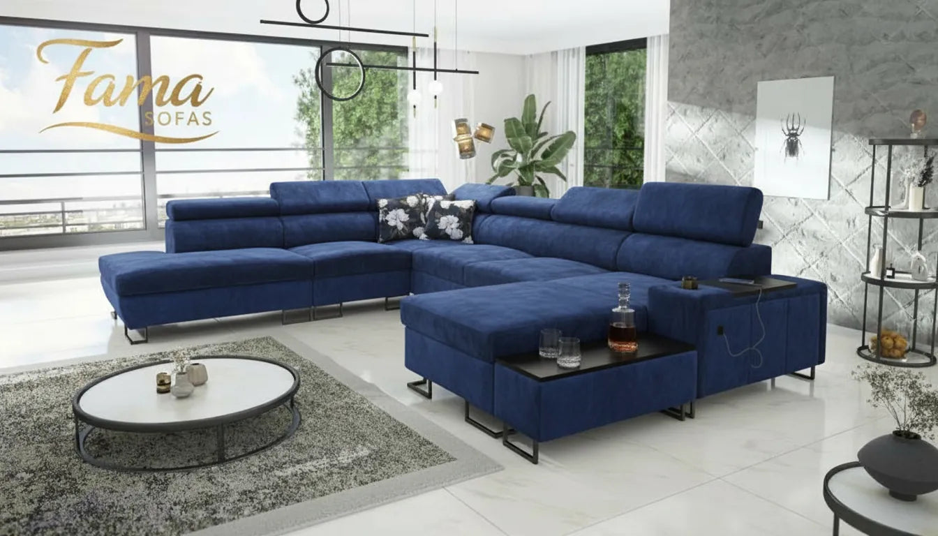 Canapé velours bleu luxe design photo composition graphique or stylise