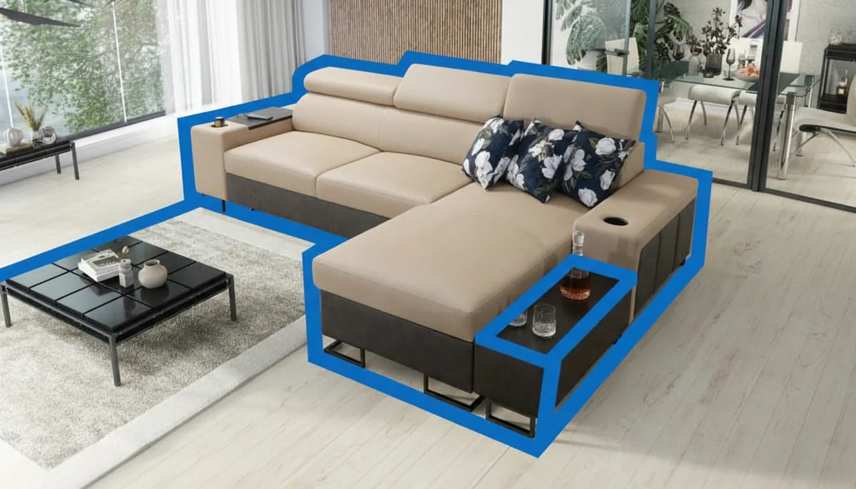 Photo realiste d'un canape beige design encadre par un motif graphique abstrait et coloré.