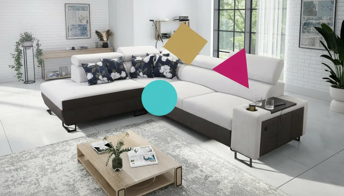 Photo de canapé lit gris clair dans un salon moderne avec des formes géométriques colorées superposées suggérant le confort.