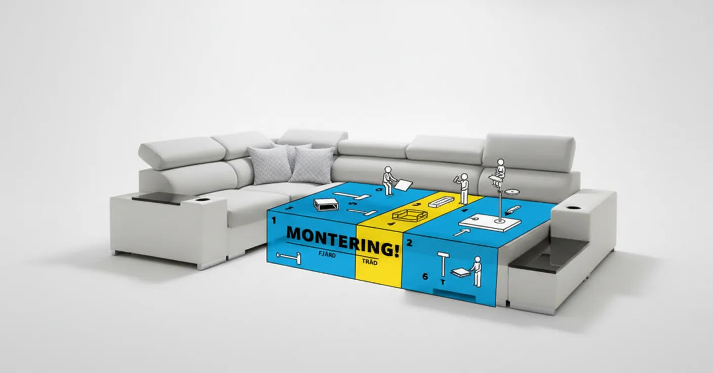 Photo humoristique d'un canape scandinave avec une superposition graphique d'un assemblage plat style meuble a monter