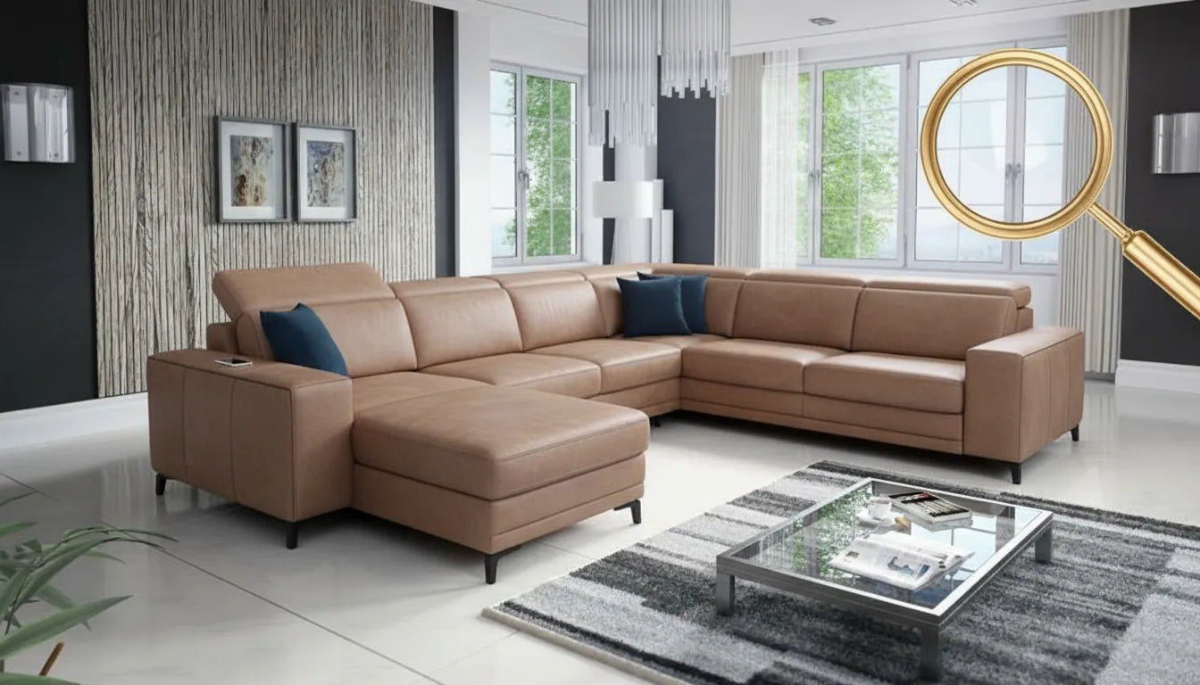 Canapé en cuir dans un salon moderne avec une icône de loupe dorée pointant vers le meuble pour suggérer une recherche d'origine