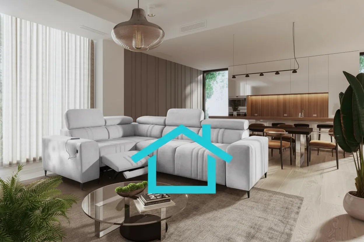 Photo réaliste canapé moderne avec superposition graphique maison stylisee sans texte