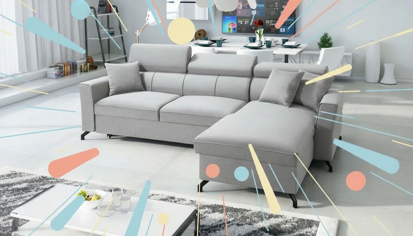 Canapé d'angle convertible moderne gris clair en configuration dépliée, avec surimpression graphique abstraite pour mise en avant.