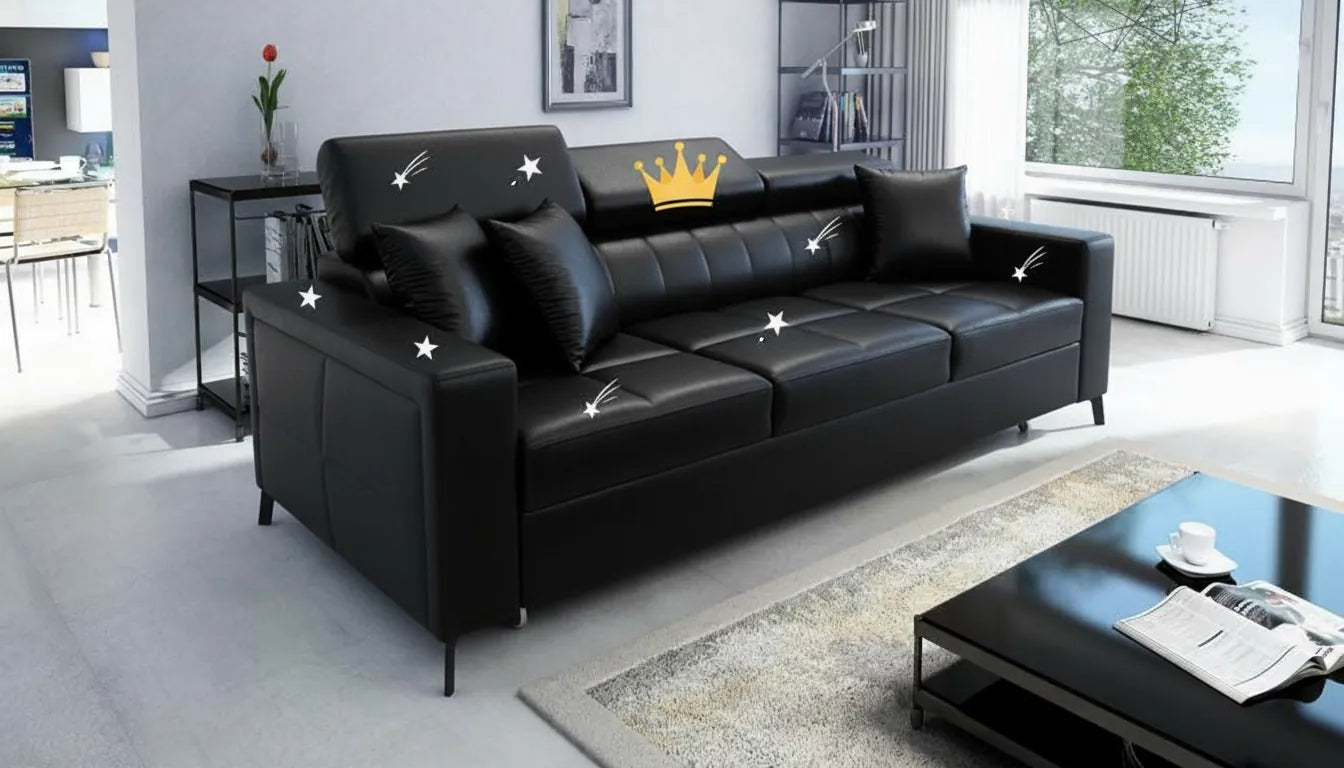 Canapé en cuir noir style Ikea dans un salon moderne avec des graphismes vectoriels minimalistes superposes