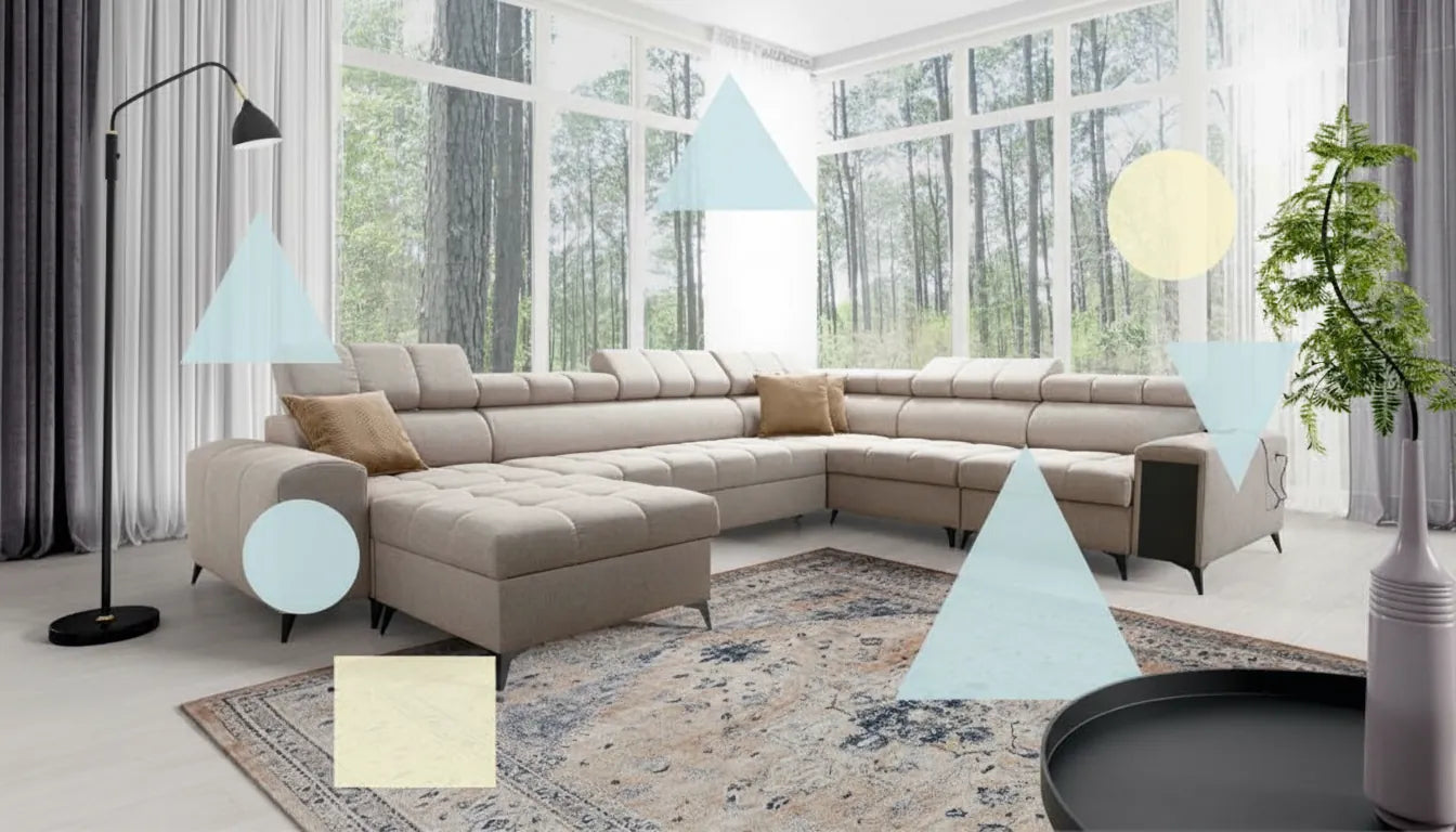 Photo de canape design gris clair dans salon moderne avec superposition graphique abstraite de formes pastel