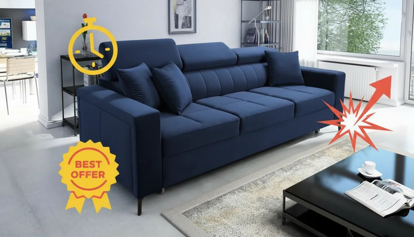 Photo realiste de canape trois places avec superposition graphique promotionnelle colorée