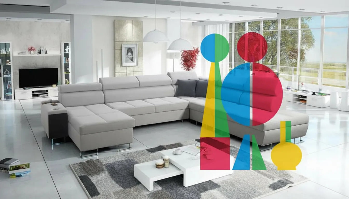 Canapé beige dans un salon parisien avec superpositions graphiques d'objets de deco stylises