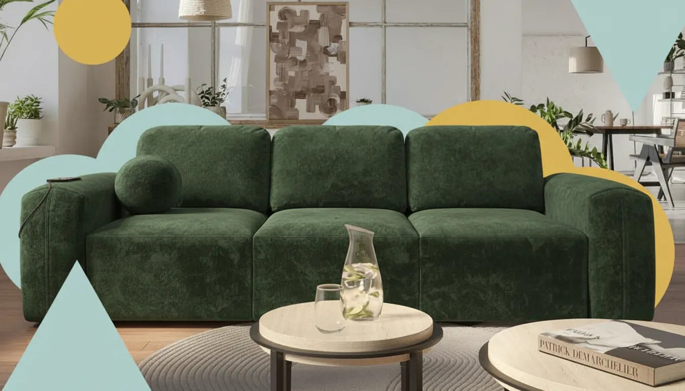 Canapé IKEA velours cote brun clair dans salon minimaliste avec superpositions graphiques abstraites vives