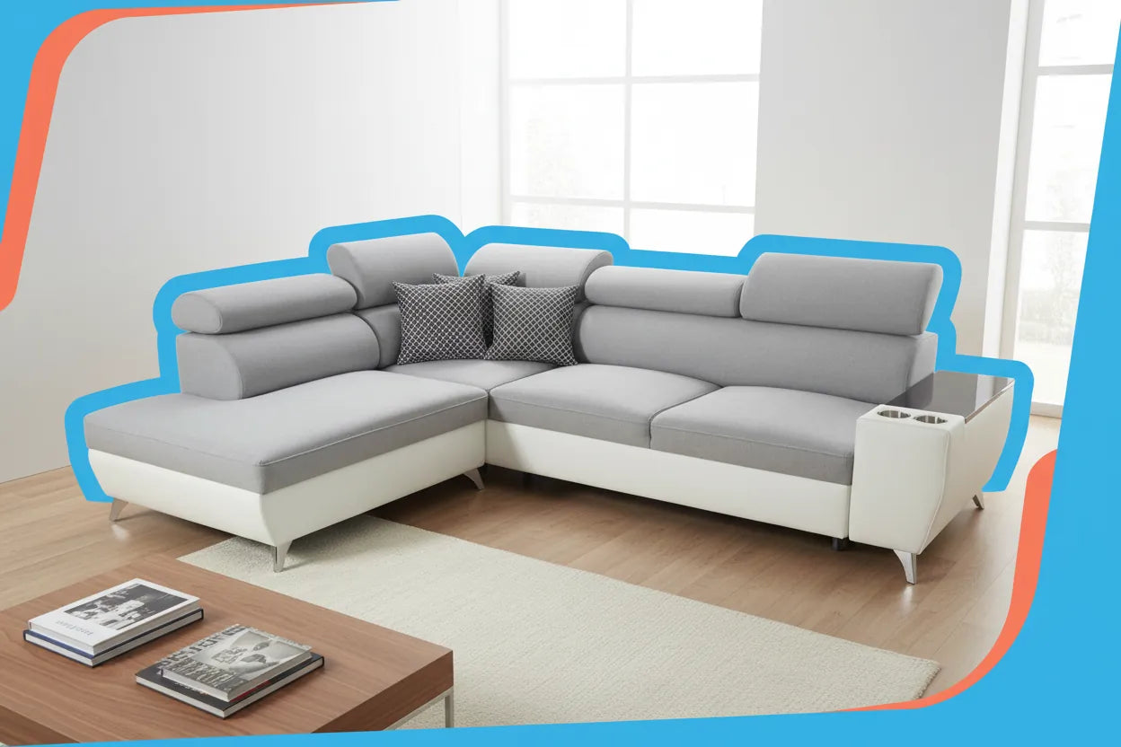 Miniature realiste canape gris Natuzzi salon eclaire superposition formes graphiques abstraites bleu et orange
