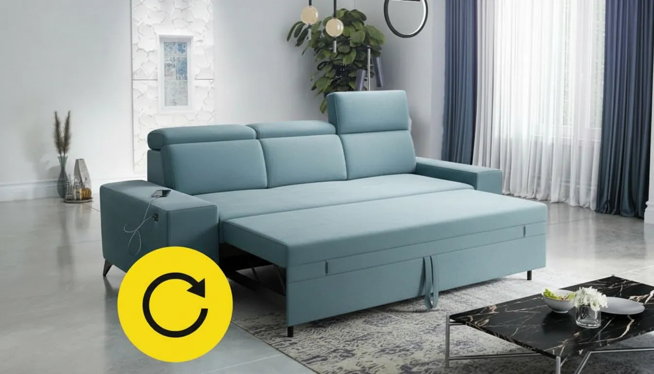 Canapé convertible IKEA gris clair à moitie deplie avec un simple graphique jaune de transformation superpose