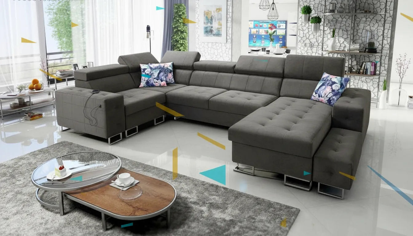 Miniature d'un canapé photo realiste gris dans un salon moderne avec des formes graphiques abstraites colorées superposées