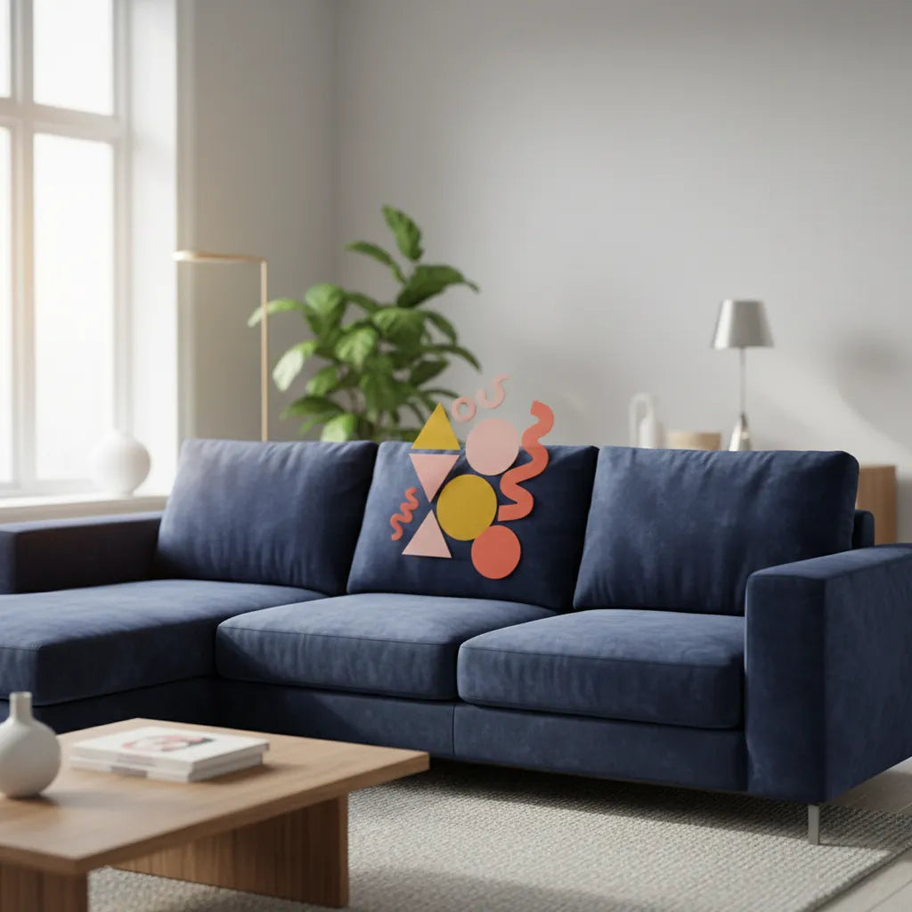 Photo réaliste d'un canapé bleu marine avec superposition graphique abstraite colorée sur l'assise.