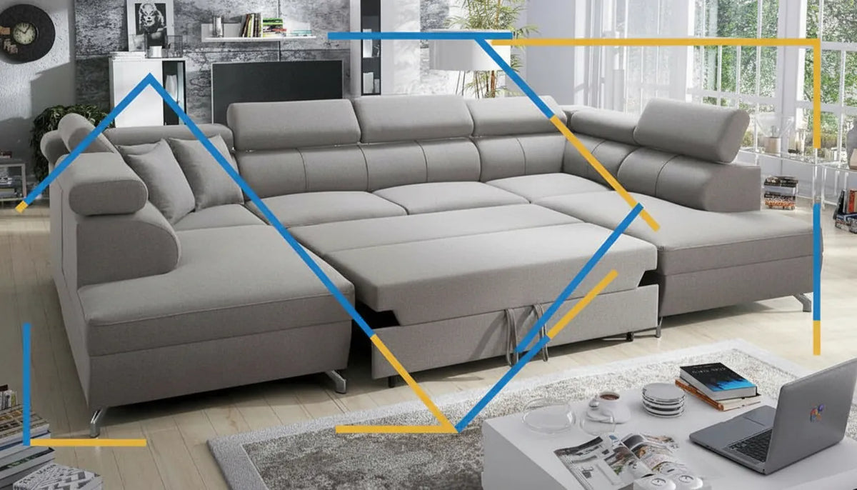 Canapé convertible gris clair moitie ouvert en lit avec superposition graphique dynamique