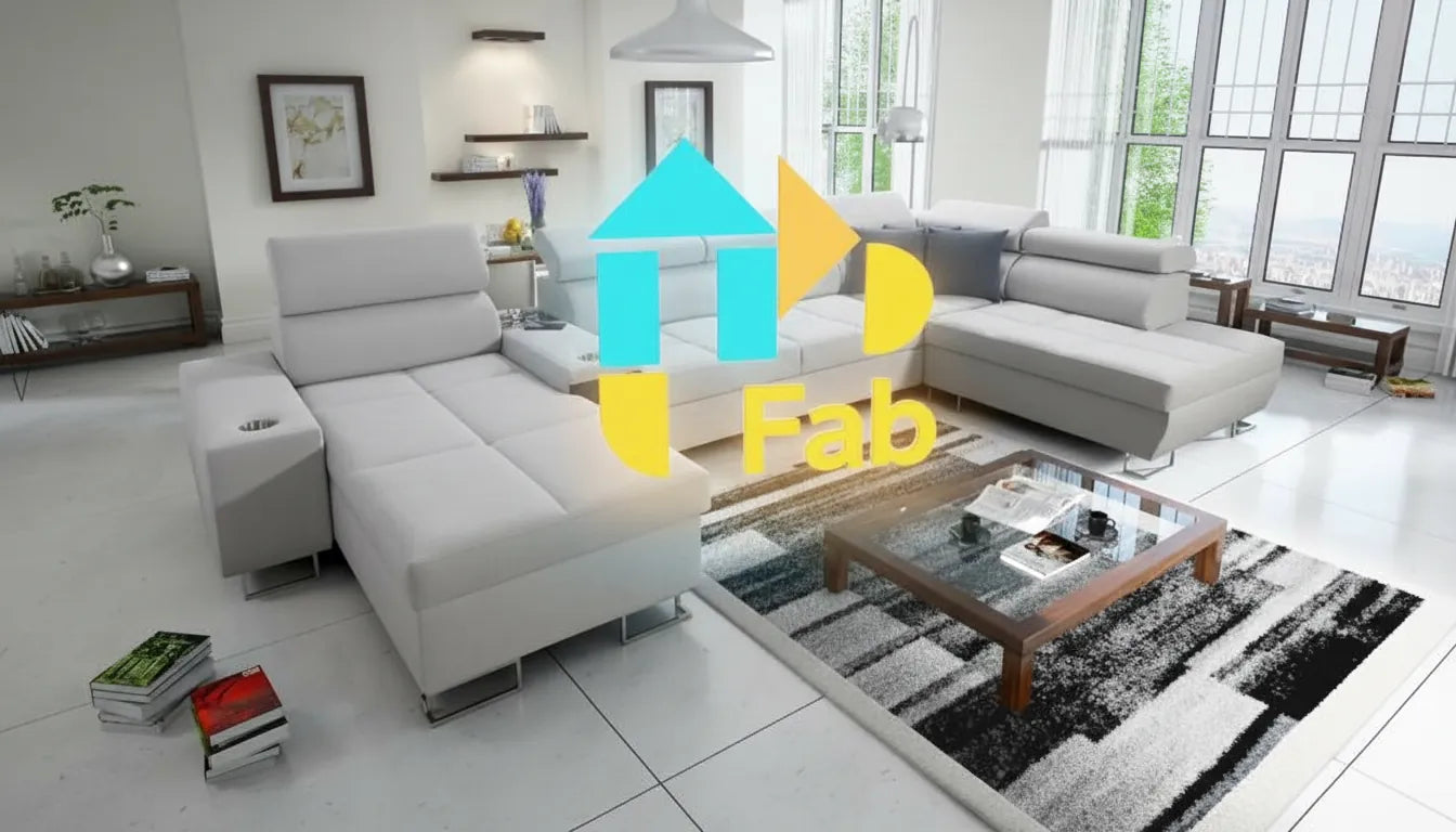 Photo realiste d'un canape moderne avec superposition graphique abstraite et colorée symbolisant l'habitat et la fabrication