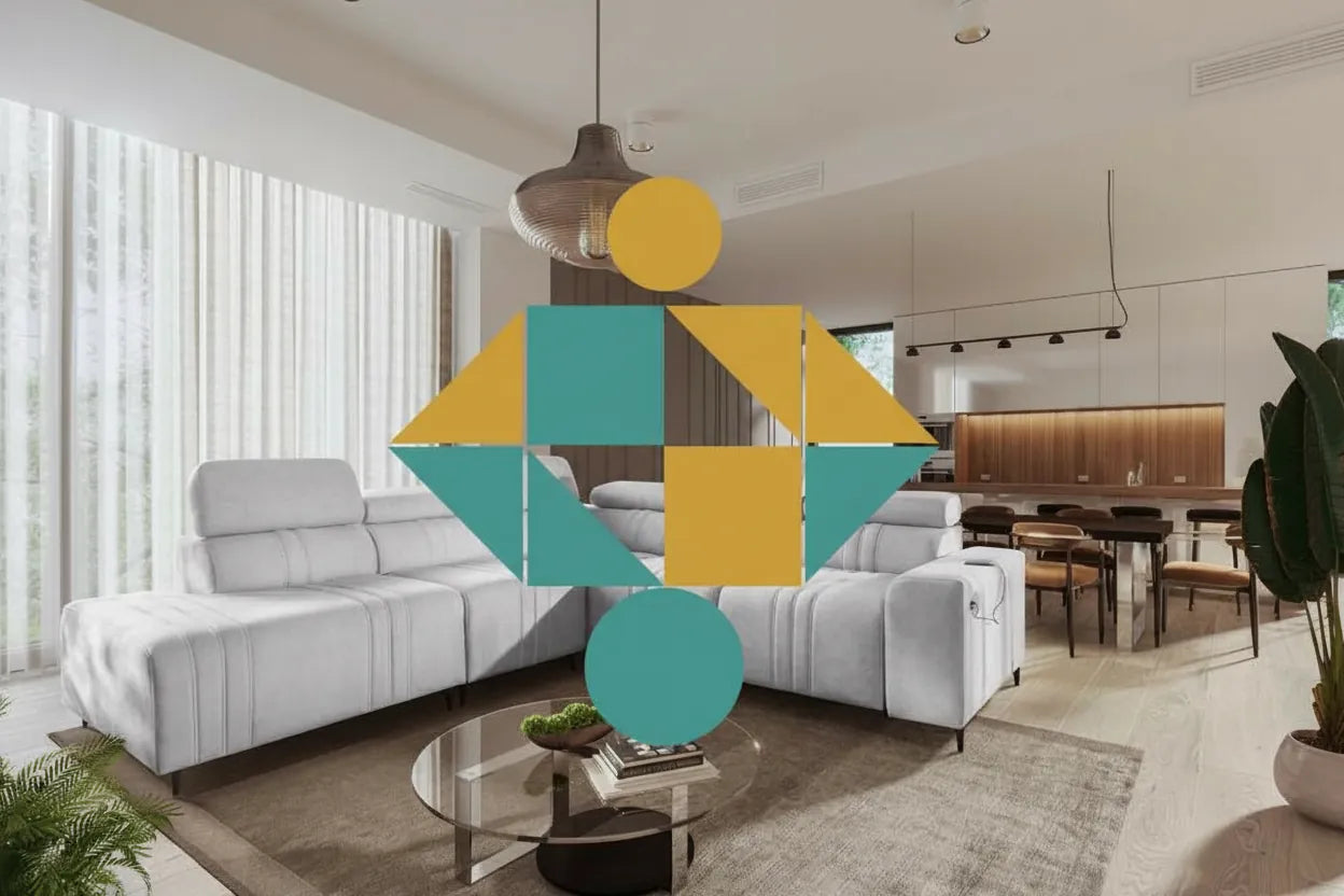 Photo realiste d'un canape moderne avec une superposition graphique colorée et abstraite