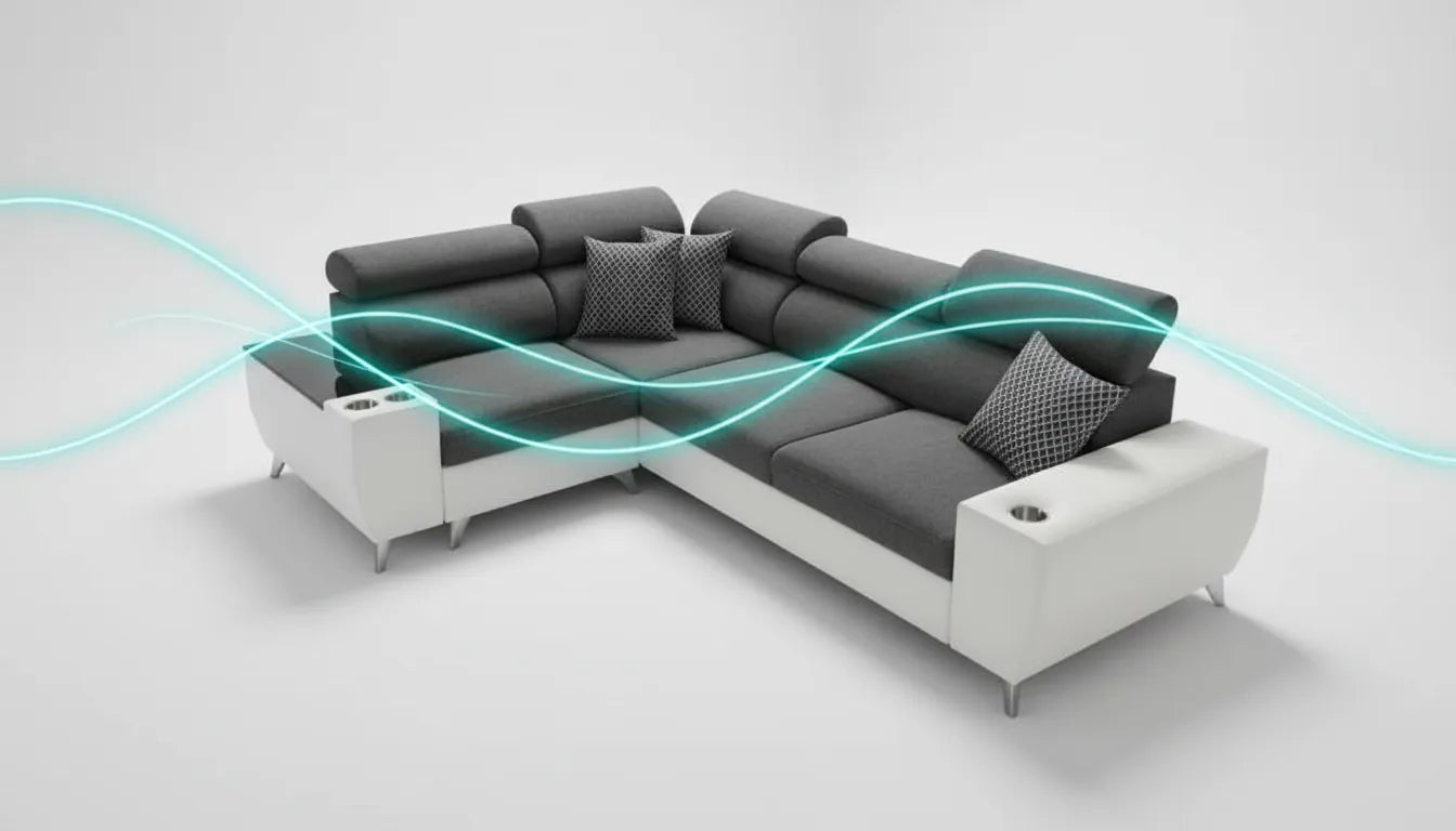 Canapé d'angle moderne gris avec une ligne graphique abstraite et colorée superposée