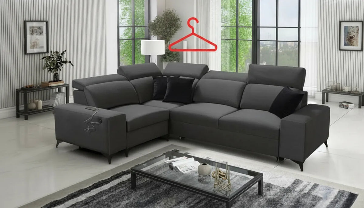 Photo realiste d'un canape gris moderne avec un petit dessin rouge de cintre flottant dessus
