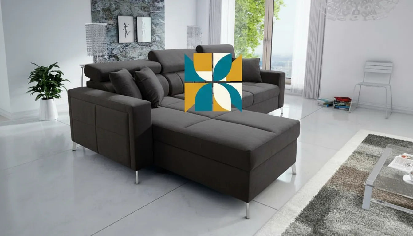 Photo realiste d'un canape gris moderne avec un motif graphique abstrait et coloré superpose
