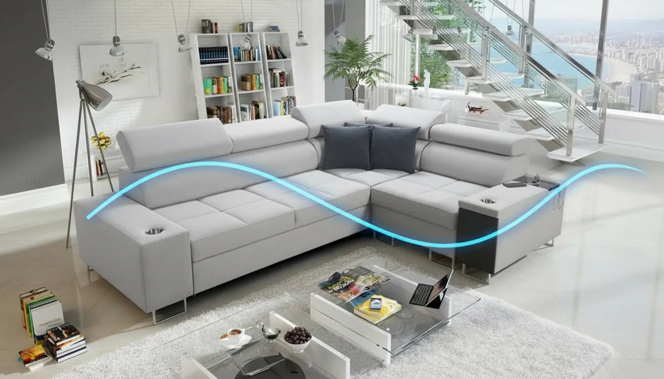 Photo réaliste d'un canapé lit gris moderne avec une ligne graphique bleue dynamique ajoutée en surimpression.