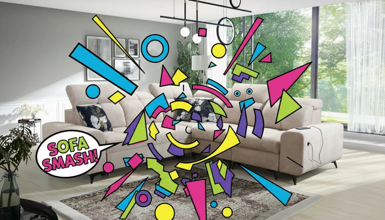 Realistic photo of a living room sofa with energetic abstract geometric graphic overlay