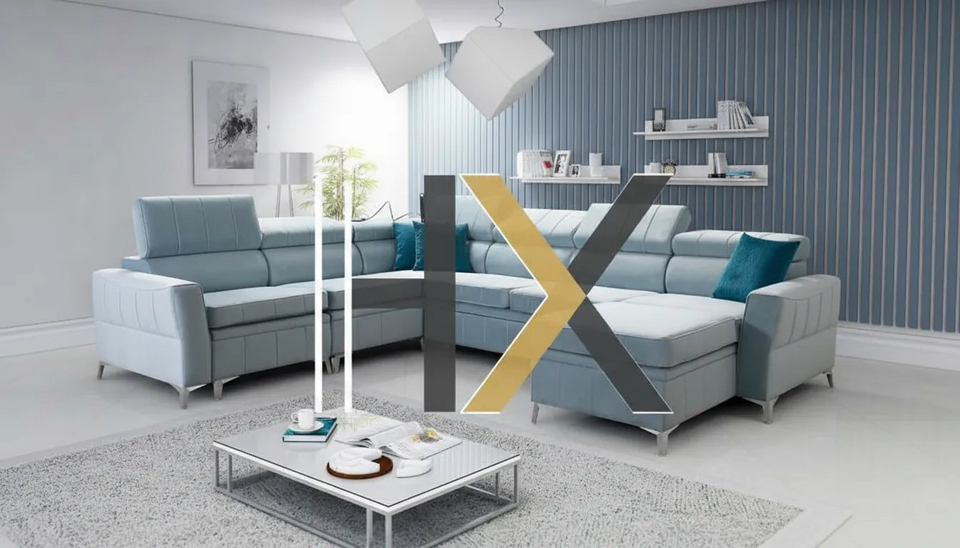 Canapé moderne avec superposition graphique abstraite H et X couleur neutre