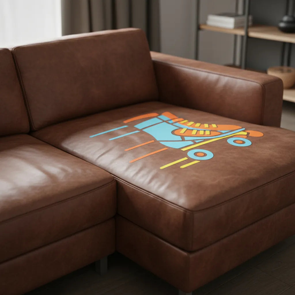 Gros plan d'un canape en cuir marron avec un dessin de patins a roulettes superpose