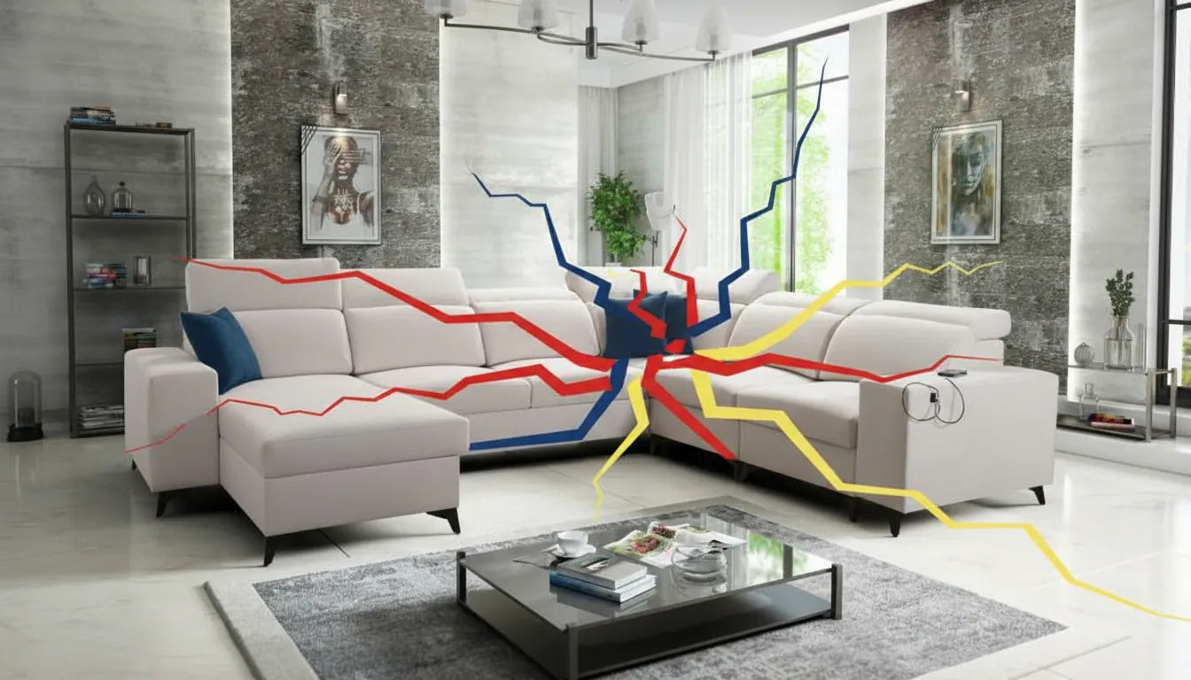 Image realiste canape beige avec motif graphique vif de fissure en surimpression