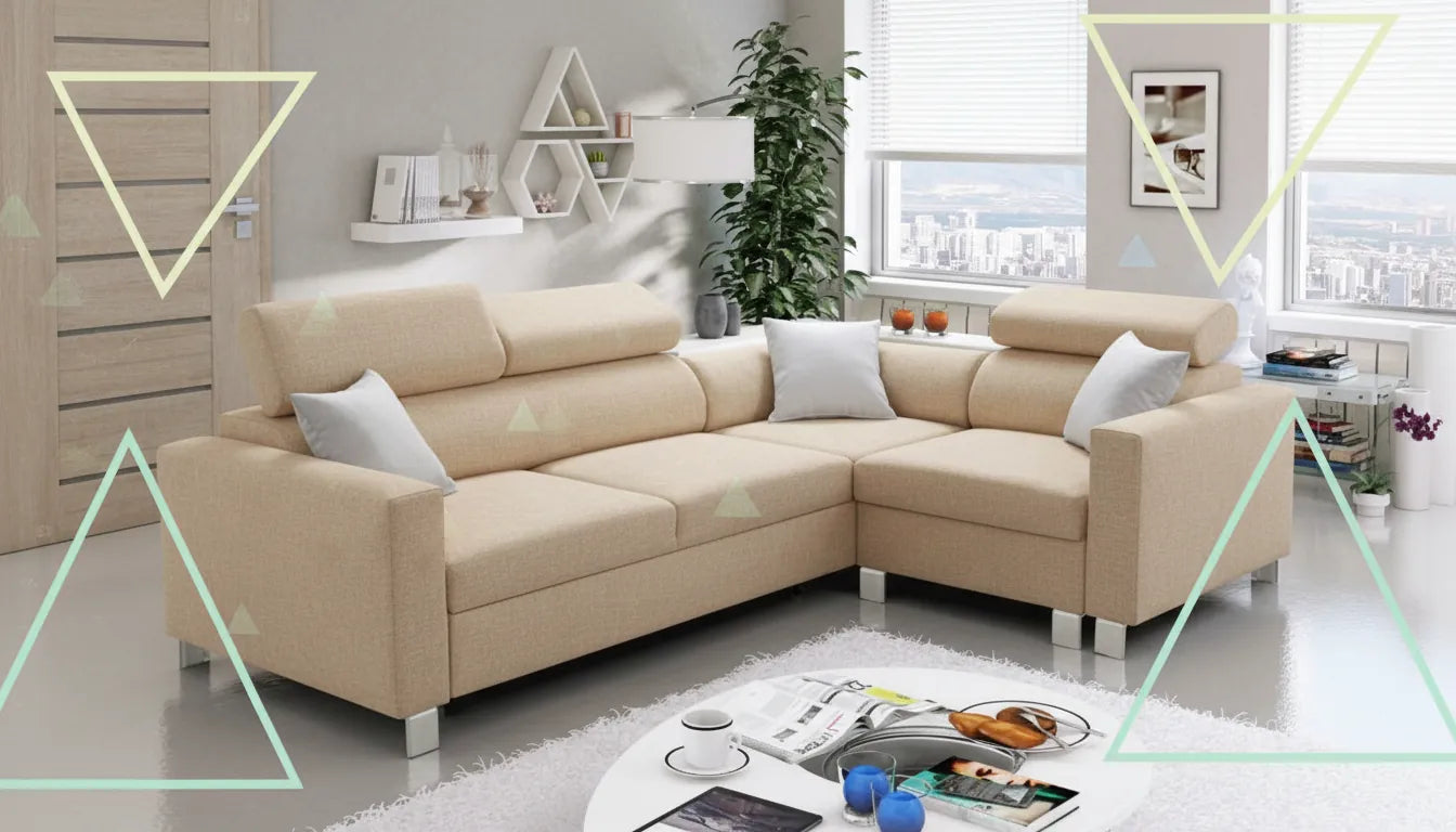 Canapé moderne gris clair avec superposition graphique abstraite style scandinave