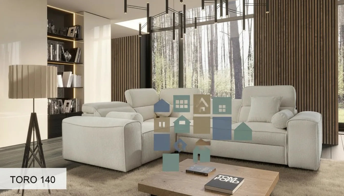 Photorealistic sofa background with superimposed whimsical graphic icons suggesting a living habitat without text.