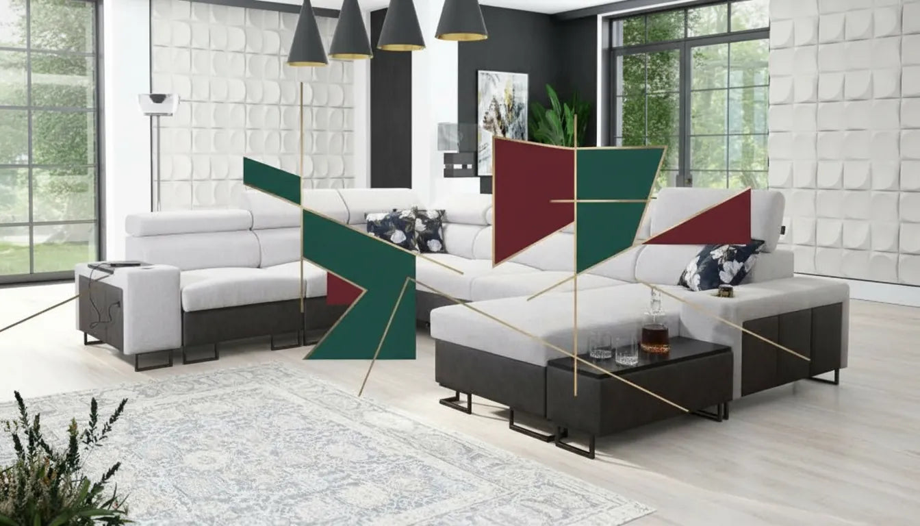 Photo realiste canape avec superposition graphique stylisee abstaite inspirée par un grand magasin