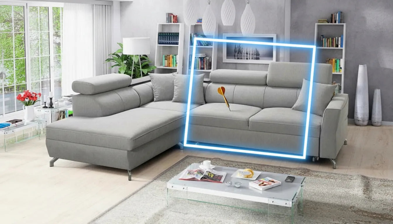 Canapé photo réaliste avec un cadre graphique bleu néon et une fléchette dorée plantée dans le coussin.