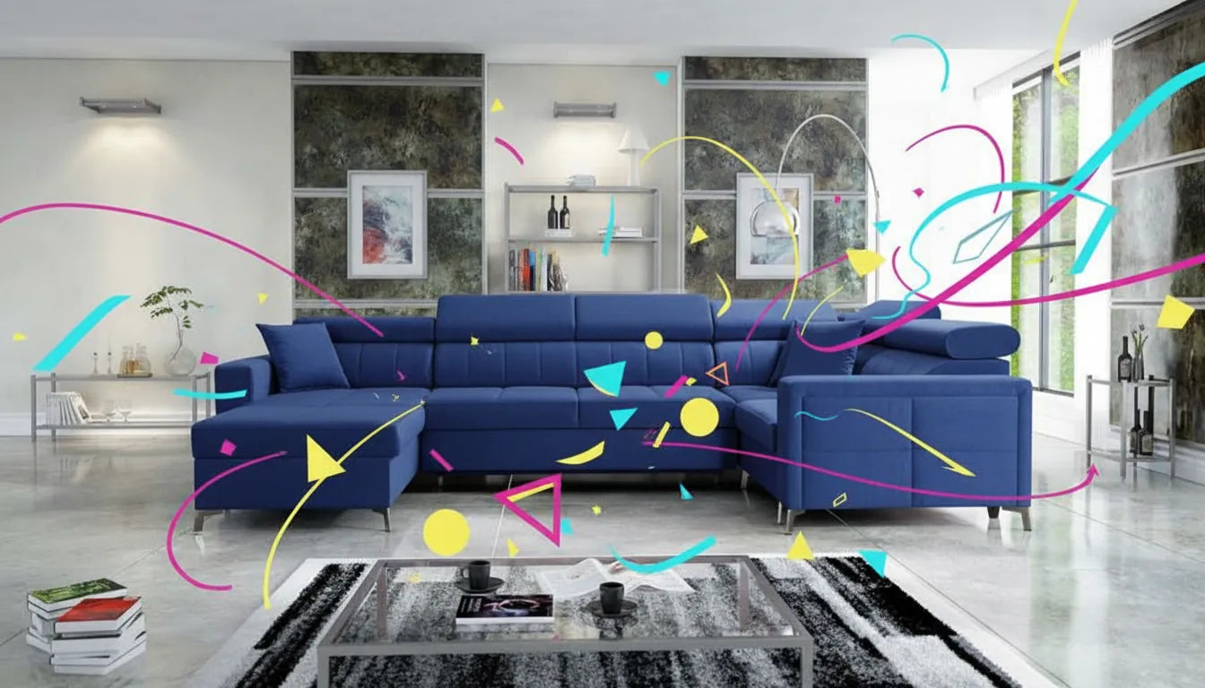 Photo realiste d'un canape bleu moderne avec des formes graphiques abstraites lumineuses superposees