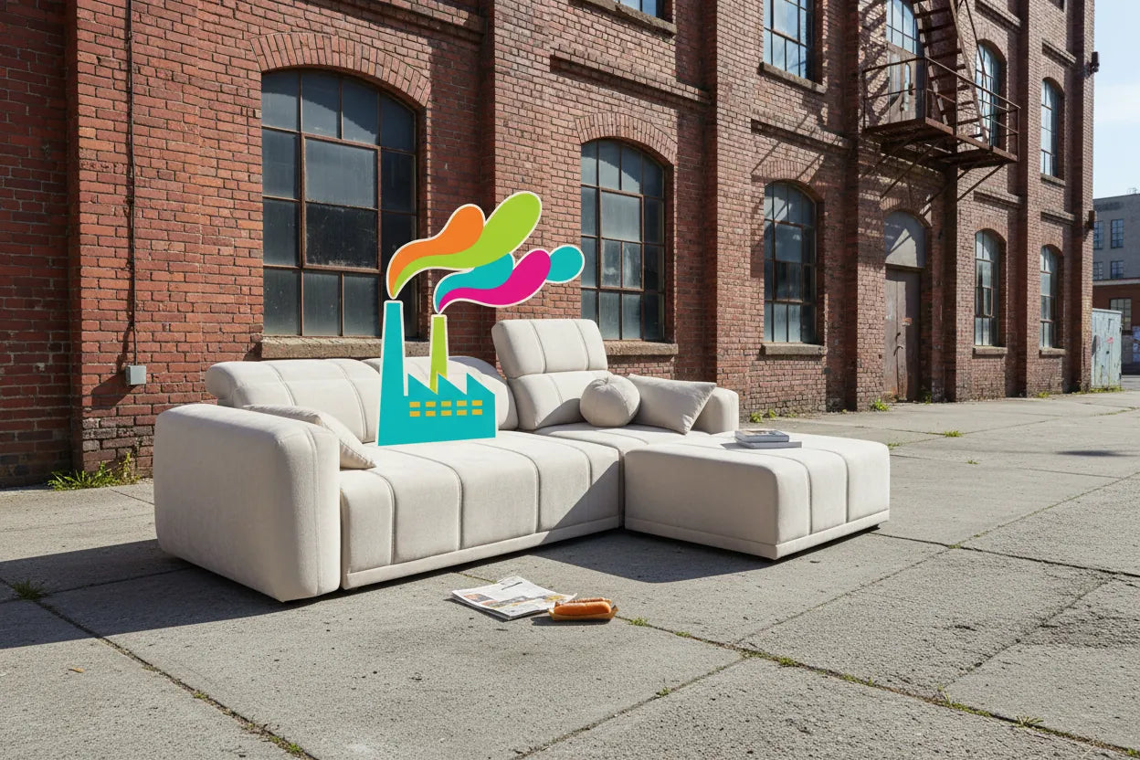 Canapé confortable sur un trottoir devant une usine, avec une superposition graphique d'une usine miniature sur le canapé.