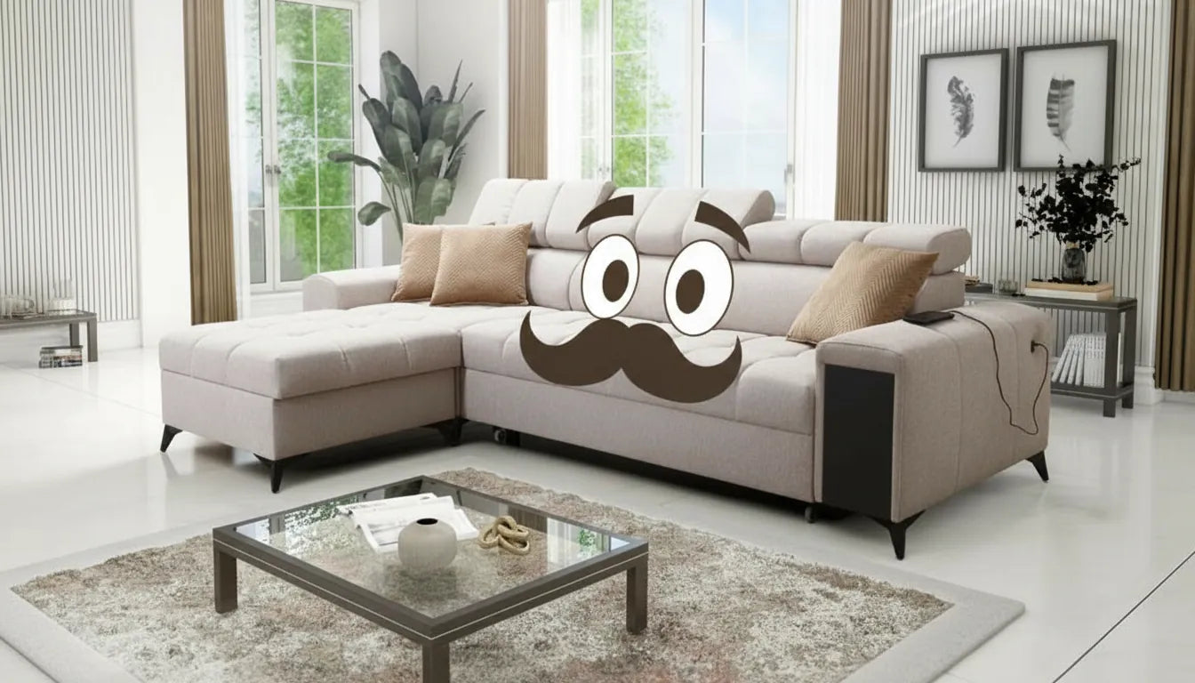 Photo realiste d'un canape marron avec des elements graphiques ajoutant un visage souriant