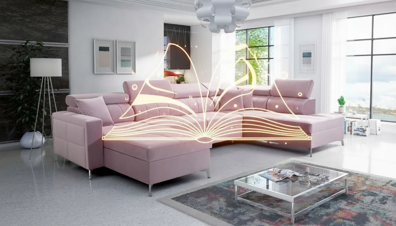 Realistic photo of a modern sofa with abstract graphic overlay resembling an illuminated, open storybook.