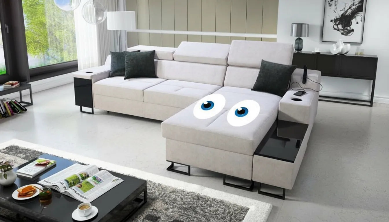 Canapé convertible gris clair dans un salon moderne avec des yeux graphiques superposés.