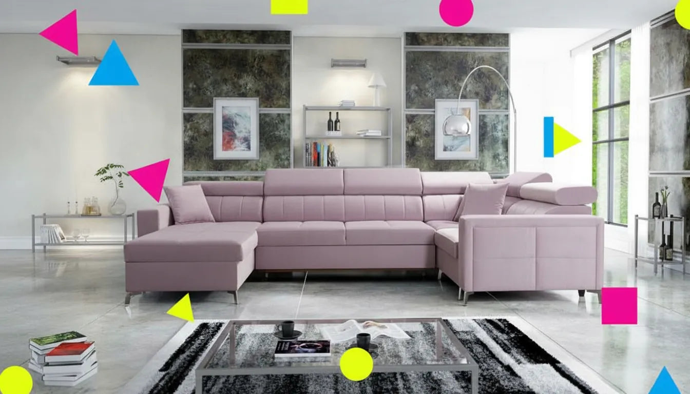 Photo raliste d un canape gris clair avec superposition graphique abstraite couleuree vive